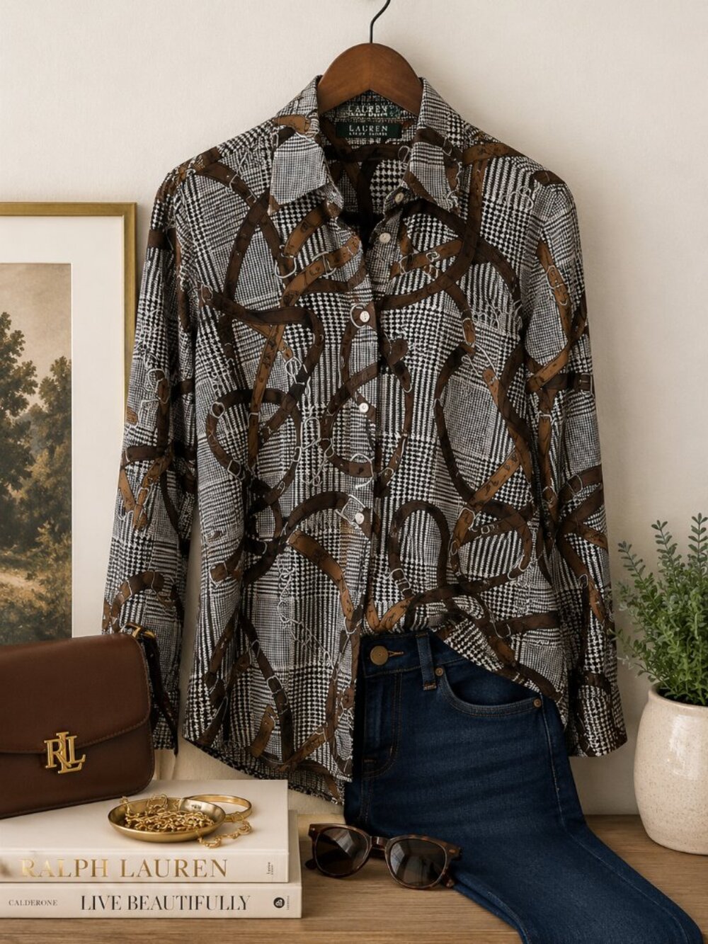 Ralph Lauren Equestrian Horse Bit Houndstooth Button Front Blouse Large